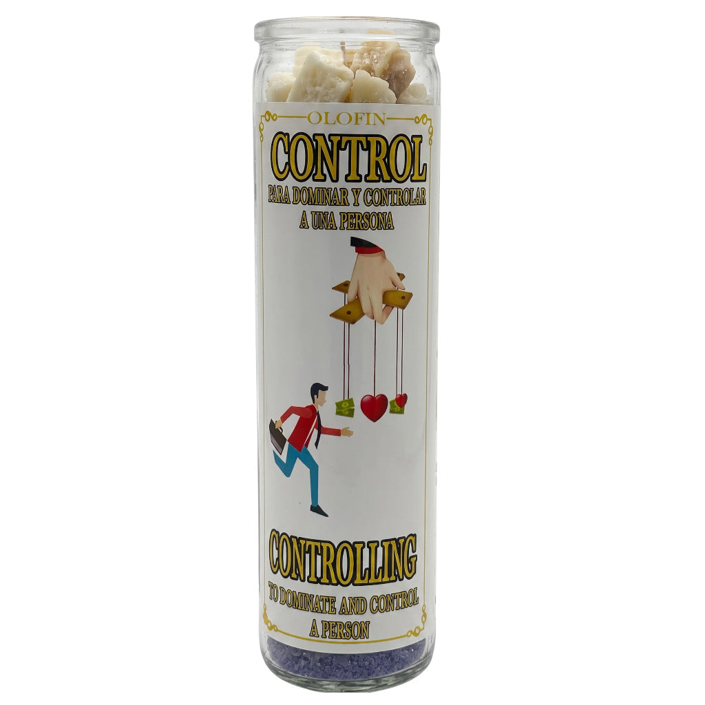A tall clear glass jar candle labeled 'OLOFIN CONTROL / CONTROLLING' with illustrated graphics on a white label, shown on a plain white background.