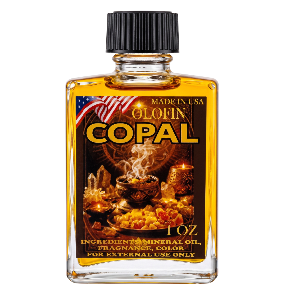 A 1 oz glass bottle of Olofin Copal fragrance oil with a black ribbed cap, filled with golden amber liquid. The front label features a dark, mystical illustration with a burning incense burner, crystals, and candles, alongside the text 'MADE IN USA', 'OLOFIN COPAL', and '1 OZ'.