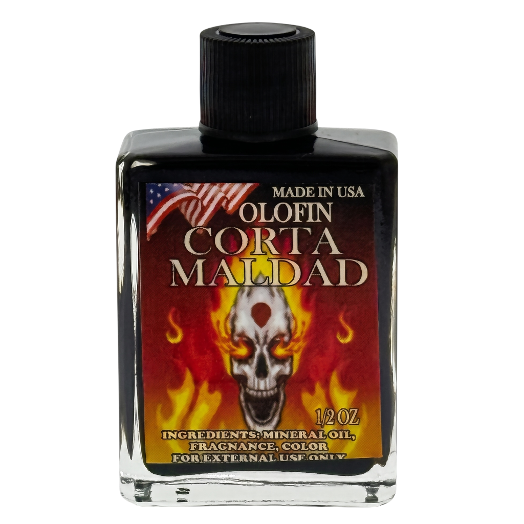 A 12 oz glass bottle of Olofin Corta Maldad fragrance color, featuring a black cap and a label with a skull and flames on a red background.