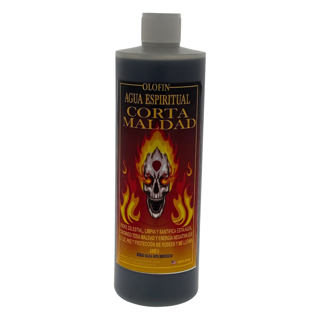 A bottle of Olofin Agua Espiritual Corta Maldad spiritual cleansing liquid, featuring a dark gray bottle with a red and gold label depicting a skull surrounded by flames.