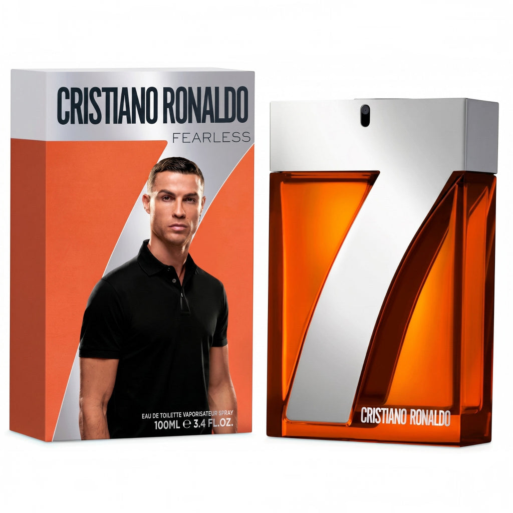 Cristiano Ronaldo perfume bottle and packaging on a white background