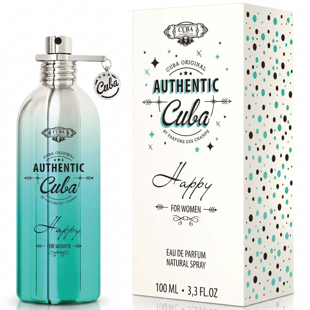 Teal perfume bottle and packaging of 'Authentic Cuba Happy' for women on a white background