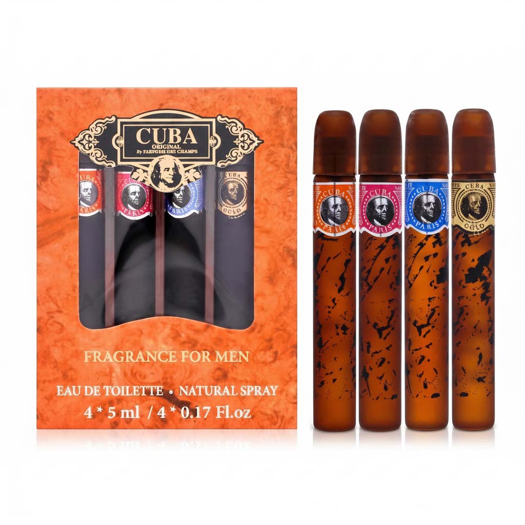 Cuba fragrance set for men with packaging and four bottles displayed.