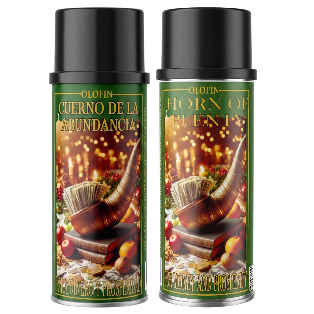 Two identical Olofin spray cans with black caps and green labels, featuring a festive illustration of a brass horn, candles, books, and coins on a white background.