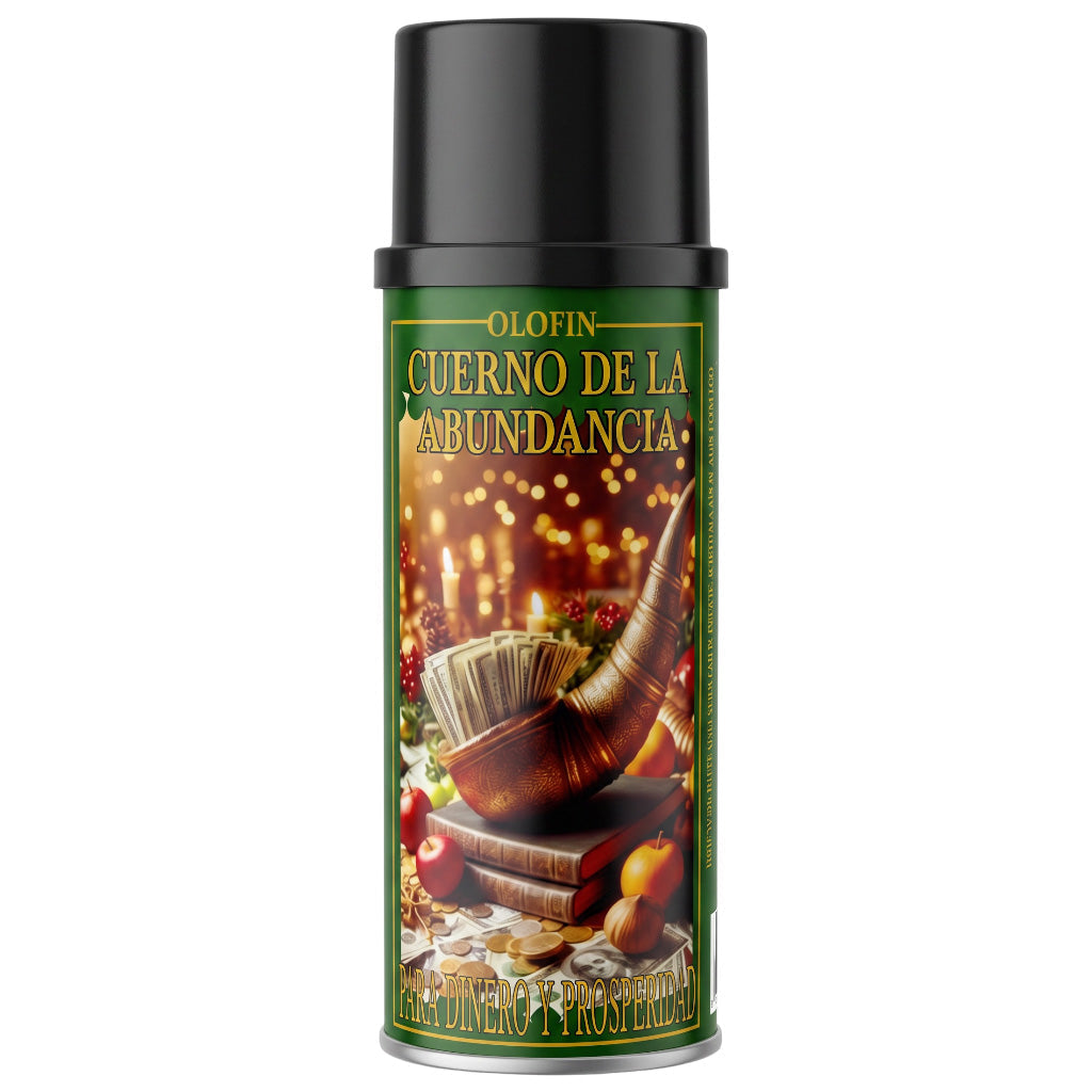 A single aerosol can of Olofin 'Cuerno de la Abundancia' (Horn of Abundance) on a solid white background. The can features a black cap and a dark green label decorated with a festive illustration of a bronze horn, candles, books, and coins.