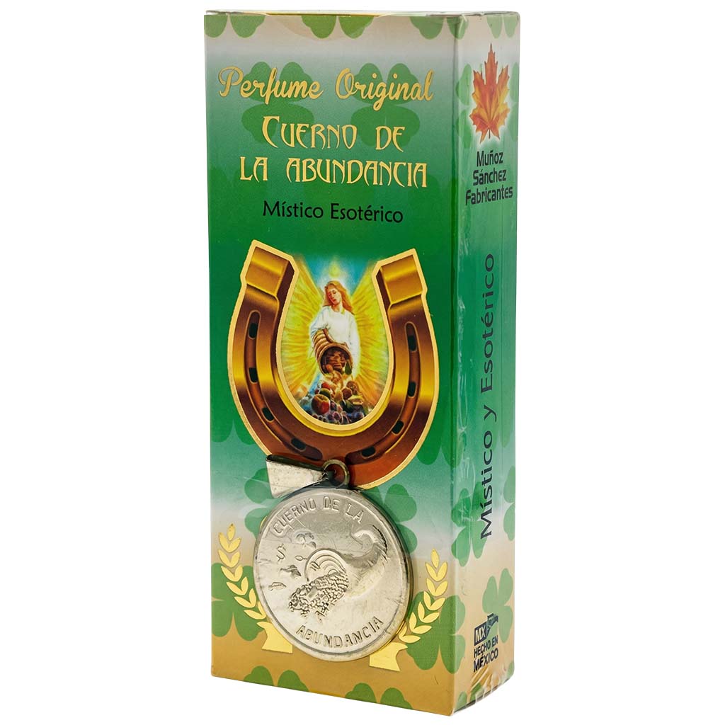 Perfume packaging with a gold horseshoe and coin design on a green background