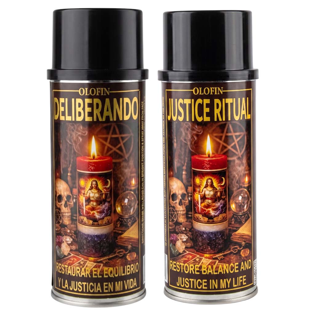 Two Olofin Deliberando / Justice Ritual spray cans with black caps and dark labels featuring a red candle, skull, and occult symbols on a white background.