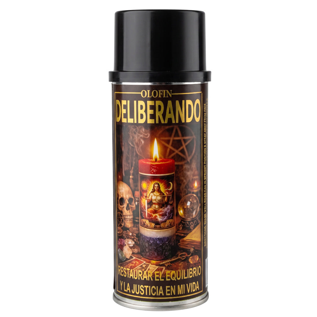 A can of Olofin Deliberando spiritual candle spray with a black cap and a dark label featuring a red candle, skull, and pentagram illustration.