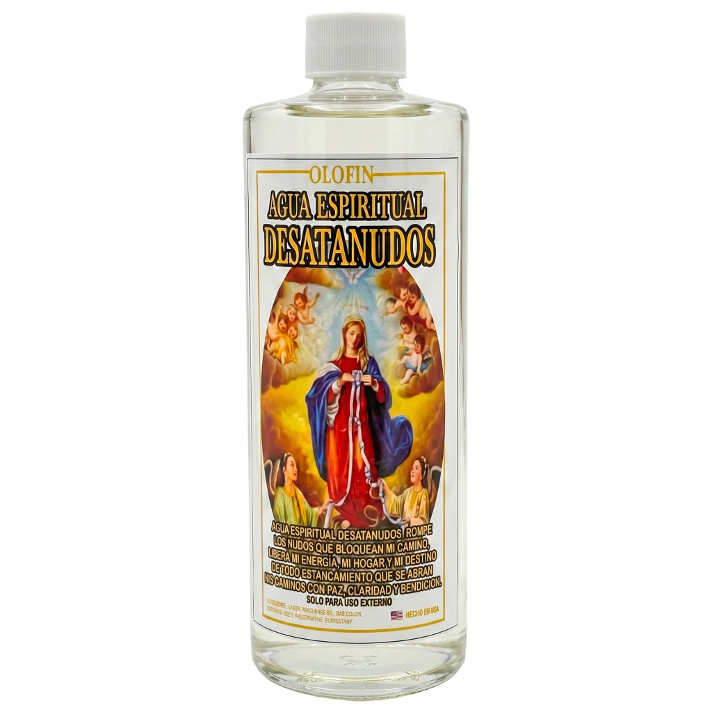 A clear plastic bottle of Olofin Agua Espiritual Desatanudos with a white cap and a colorful religious label featuring the Virgin Mary.