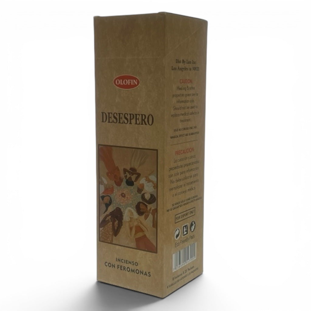 A tall, narrow brown cardboard box for Olofin Desespero incense with feromonas, featuring a small illustration of a man and a woman on the front and product details on the side, set against a plain white background.