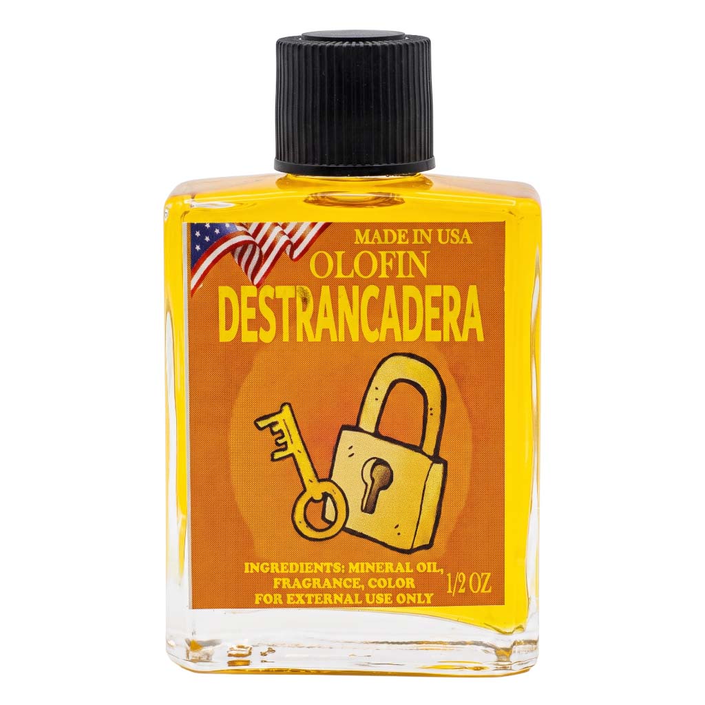 A bottle of Olofin Destrancadera mineral oil fragrance color for external use, featuring a black cap and a bright orange label with a yellow padlock and key graphic.