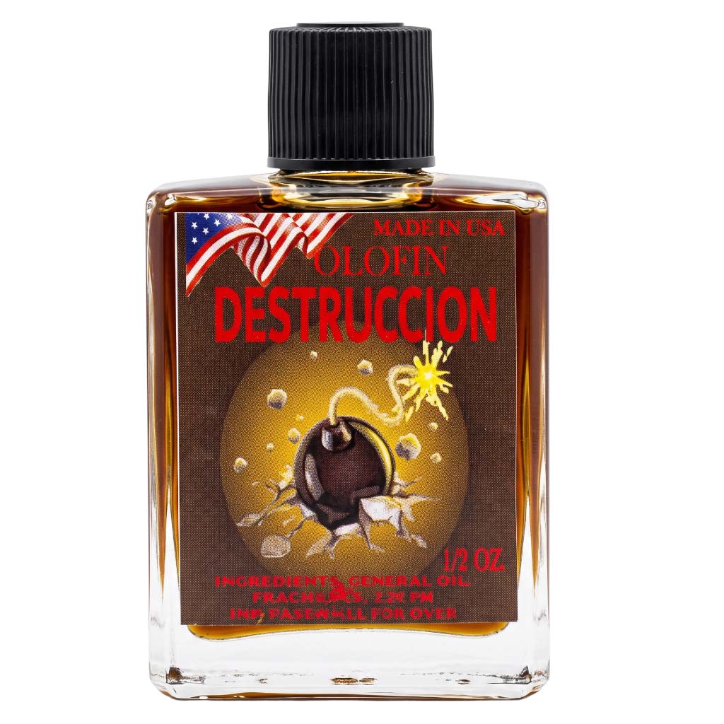 A 1.2 oz bottle of Olofin Destruccion general purpose ignitable oil, featuring a black ribbed cap and a brown label with red text and a bomb illustration, on a white background.