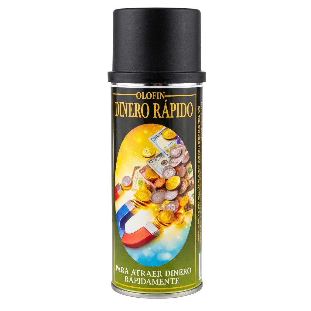 A can of Olofin Dinero Rápido spray, featuring a black cap and a label with gold, green, and multicolor graphics depicting money and coins.