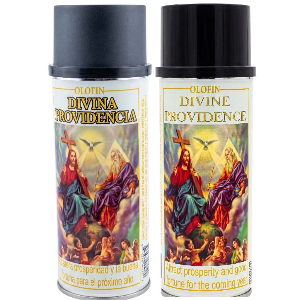 Two white spray cans of Olofin Divina Providencia with black caps, featuring a colorful religious illustration of Jesus and the Virgin Mary on the labels.
