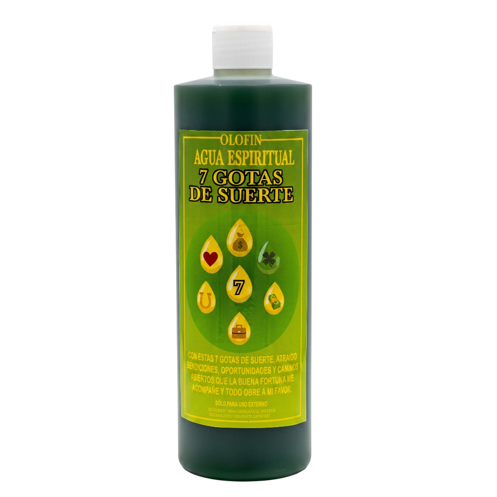 A dark green bottle of Olofin Agua Espiritual '7 Gotas de Suerte' with a white cap and a bright yellow-green label, isolated on a white background.