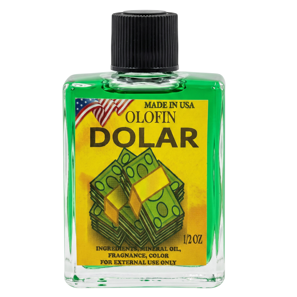 A 1/2 oz glass bottle of Olofin Dollar fragrance oil with a black ribbed cap. The bottle is filled with bright green liquid and features a yellow label with an illustration of stacks of green dollar bills and the text 'OLOFIN DOLAR'.