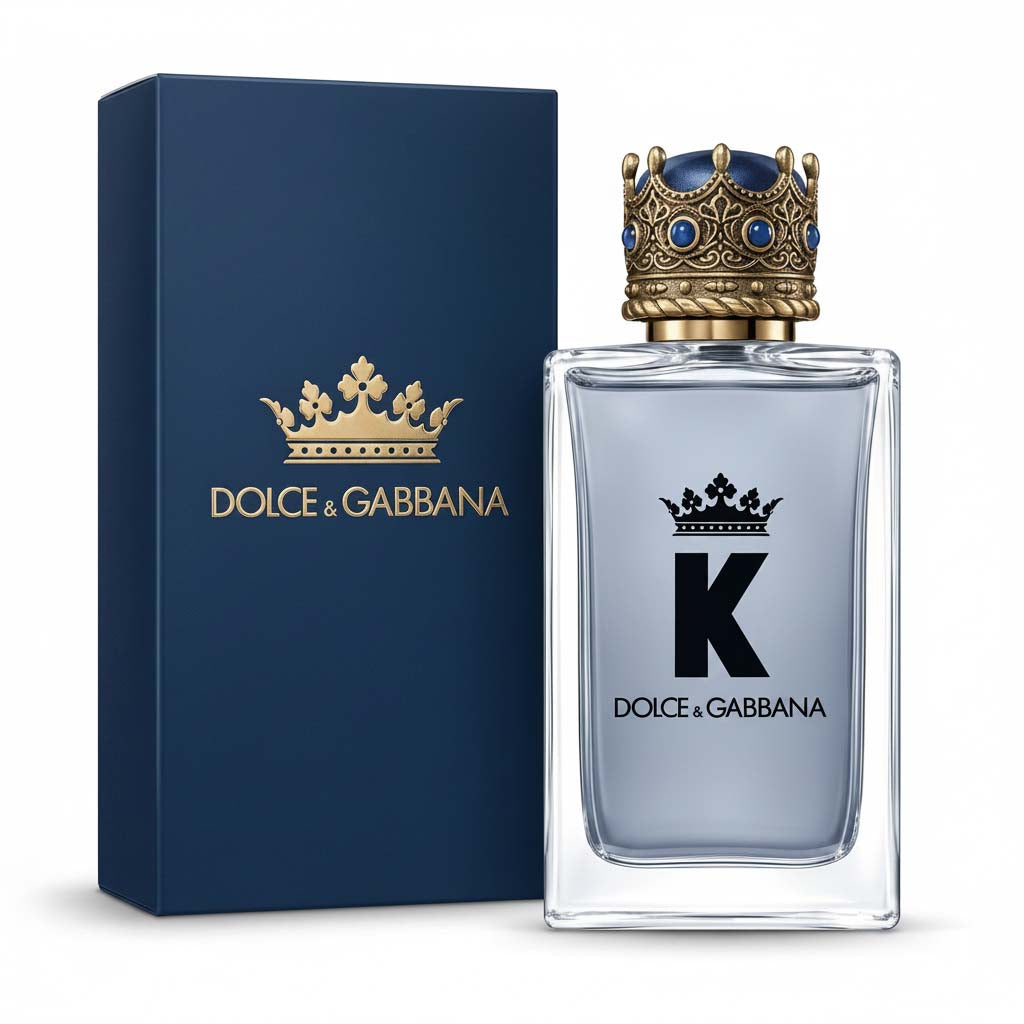Dolce & Gabbana K perfume bottle with blue packaging on a white background