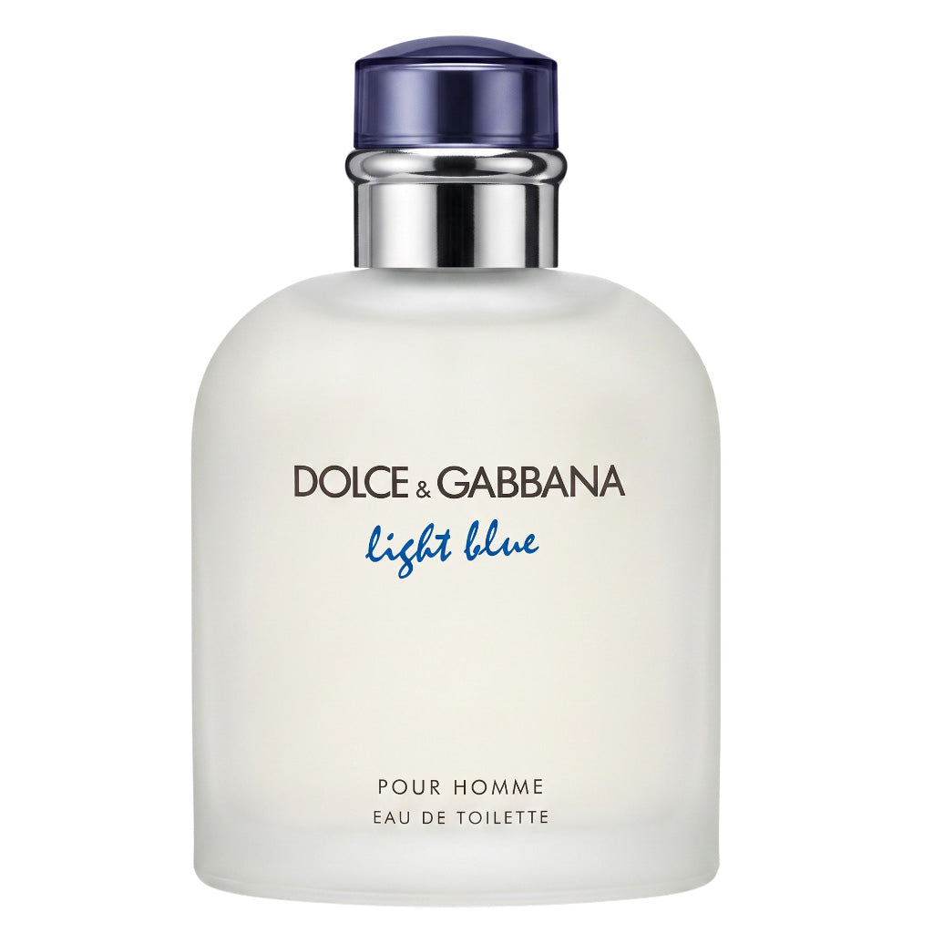 Dolce & Gabbana Light Blue Pour Homme Eau de Toilette bottle, featuring a frosted white glass body, a metallic silver neck, and a dark blue cap, set against a plain white background.