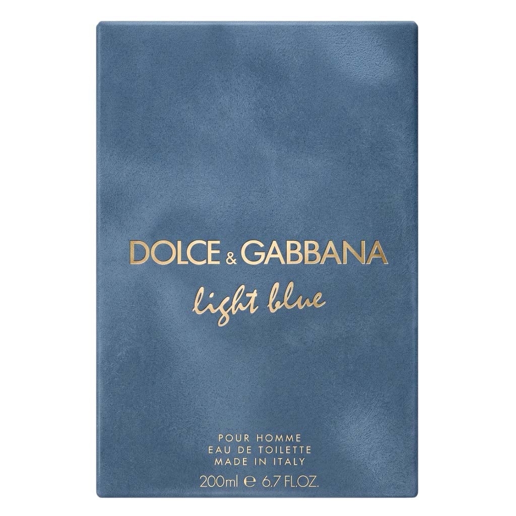 Dolce & Gabbana Light Blue Eau de Toilette box packaging, featuring a textured light blue background with gold foil lettering.