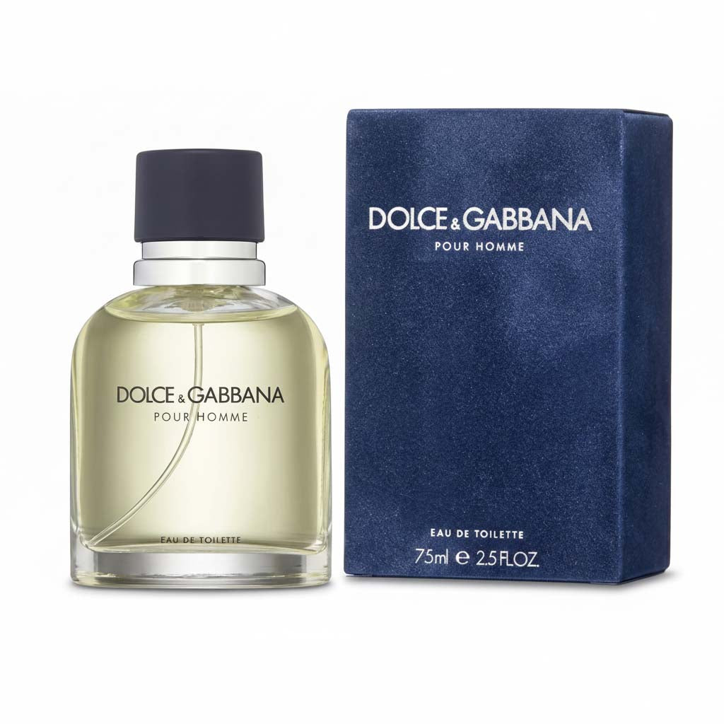 Dolce & Gabbana Pour Homme perfume bottle and packaging on a white background