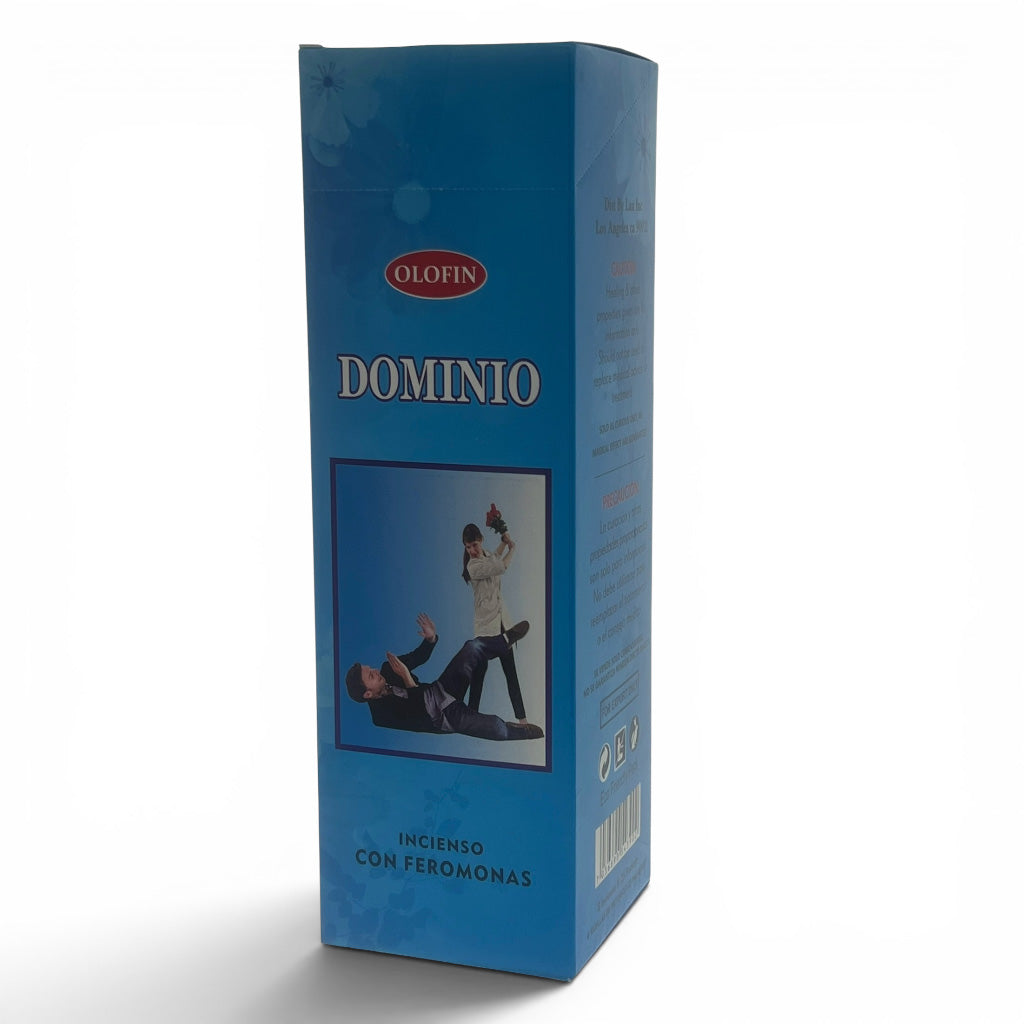 A tall blue rectangular product box for Olofin Dominio incienso con feromonas, featuring a photo of a couple on the front, set against a plain white background.