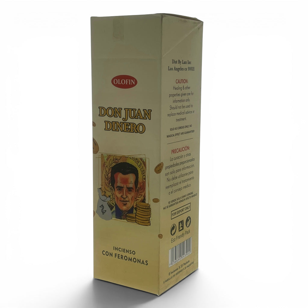 A tall rectangular box of Olofin Don Juan Dinero incense with a beige background, featuring a portrait of Don Juan with gold coins and a silver peso coin illustration.