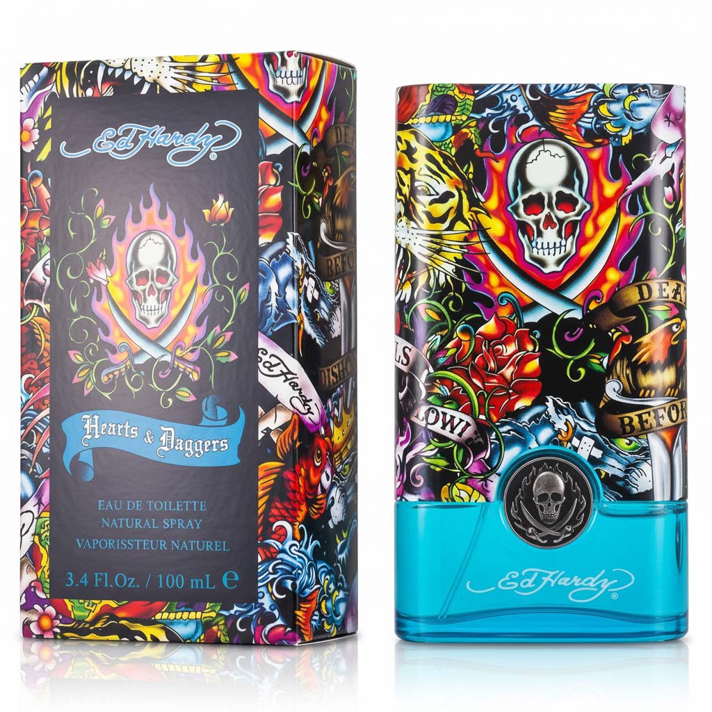 Ed Hardy perfume bottle and packaging with colorful designs and skull imagery.