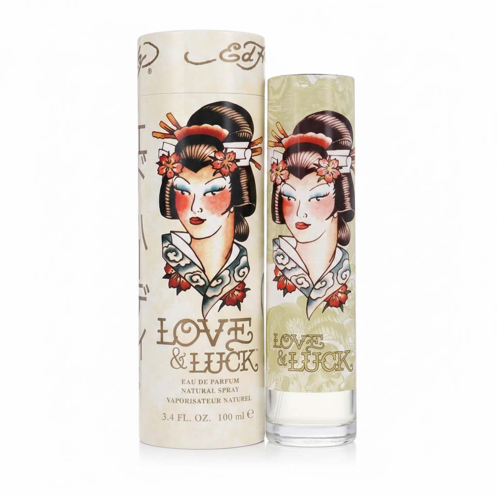 Two 'Love & Luck' perfume bottles with a decorative design on a white background