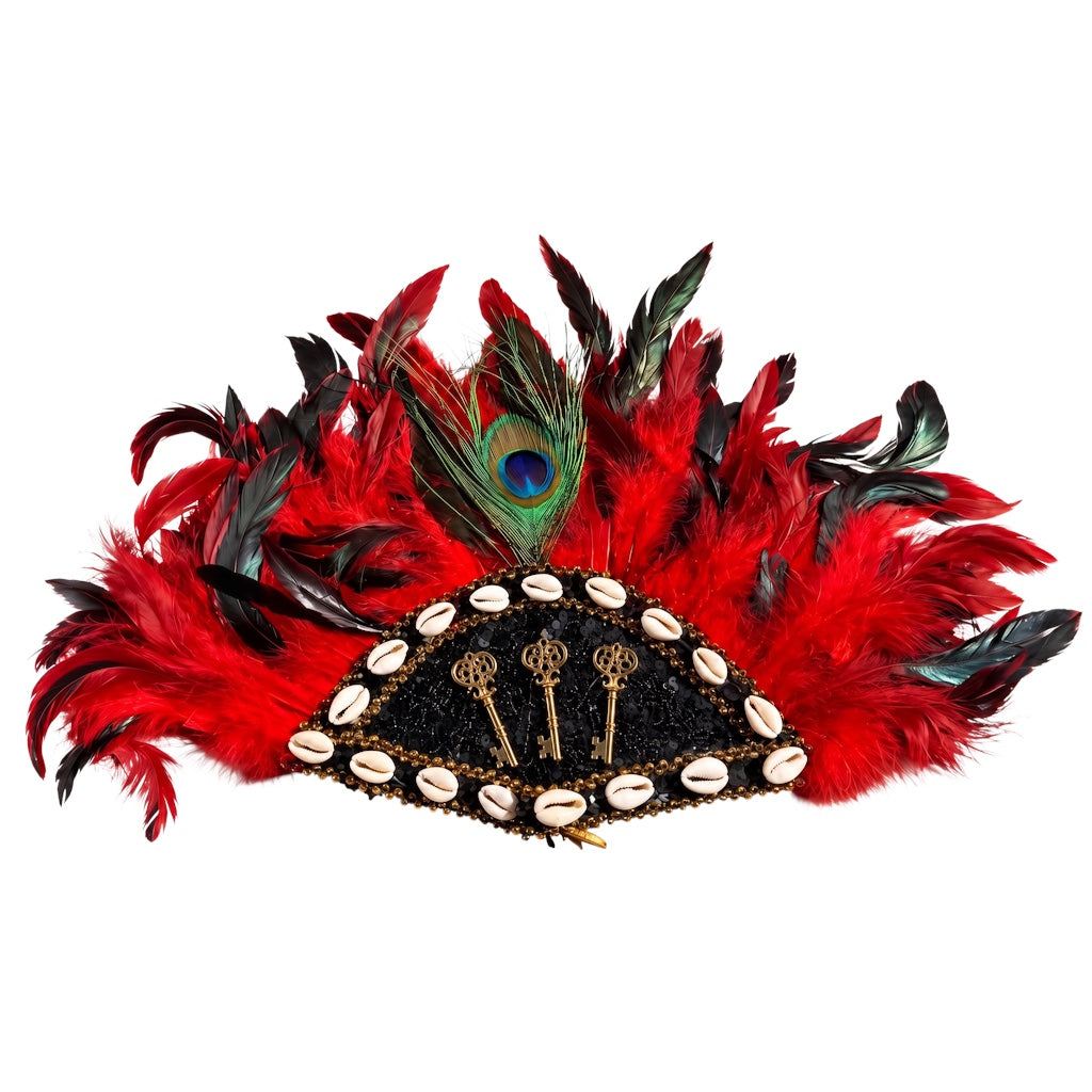 Elegua Ceremonial Fan (Abanico para Eleguá) – Red & Black Feathers with Peacock Feather, Cowrie Shells & Gold Keys – Santeria Orisha Ritual Accessory