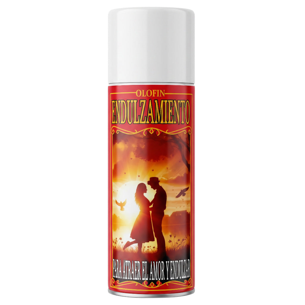 A white cylindrical bottle of Olofin Endulzamiento spray with a colorful label featuring a romantic couple silhouette against a fiery sunset, on a plain white background.