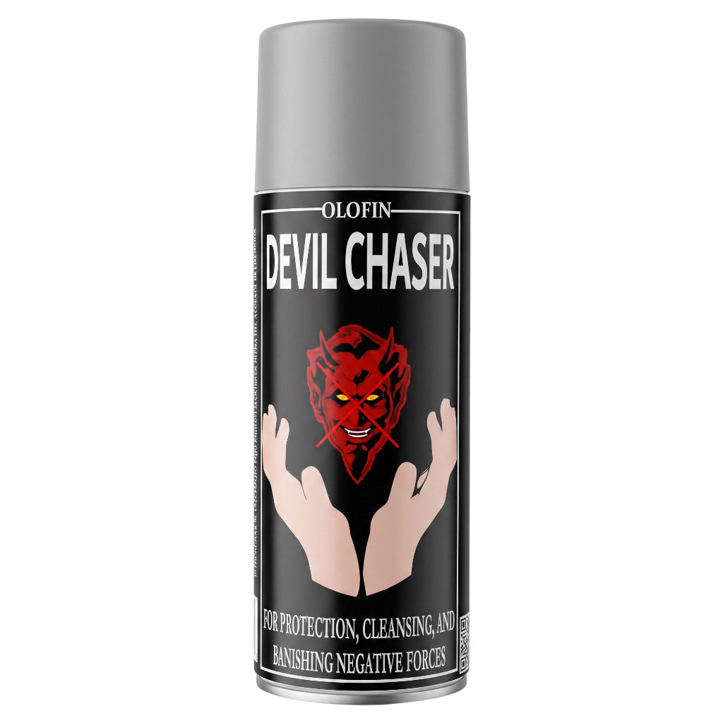 A can of Olofin Devil Chaser spray with a black label featuring a red devil face and hands, topped with a metallic silver cap, on a plain white background.