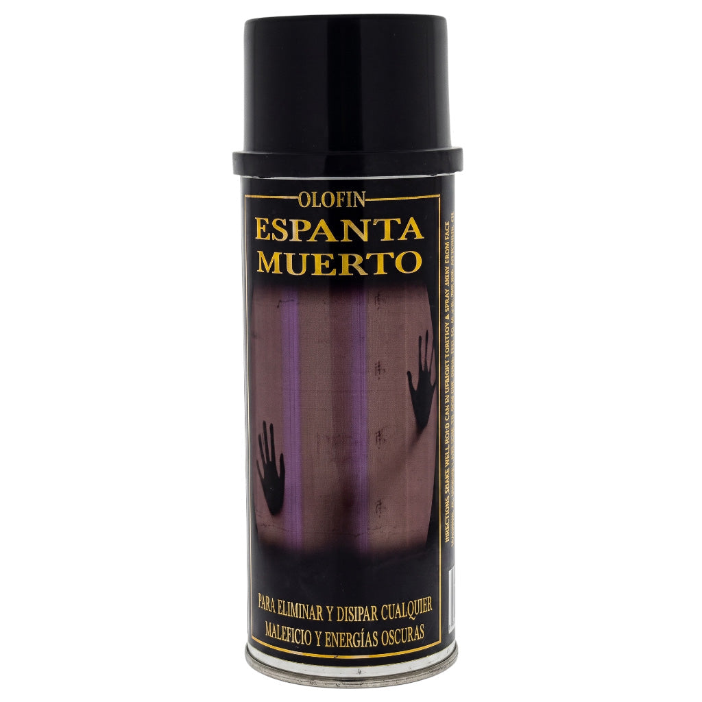 A can of Olofin Espanta Muerto spray, featuring a black cap and a label with a purple and black design depicting handprints on a wall.