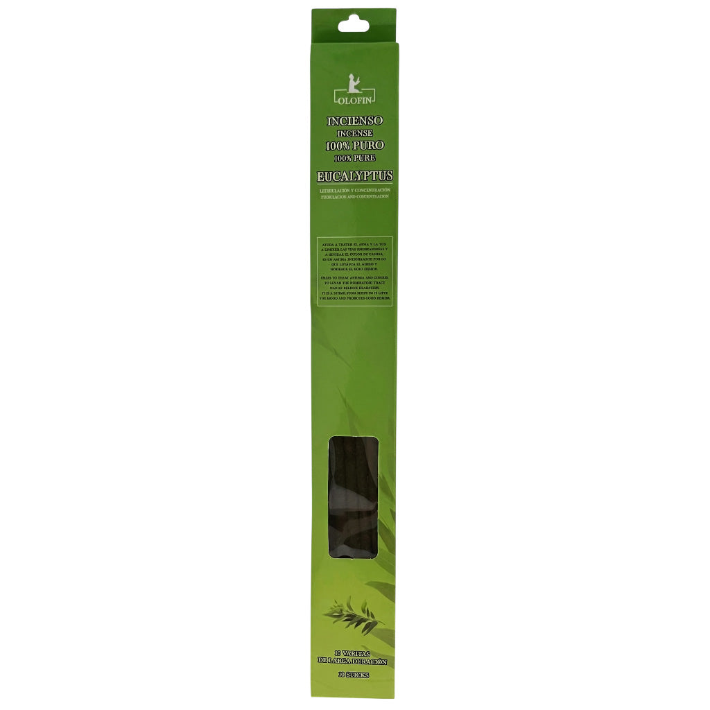 A tall, narrow green retail package for incense sticks, with a small clear window showing dark incense sticks inside. The package has a hanging tab at the top and visible text including 'Koleon' and 'Incensito Natural'.