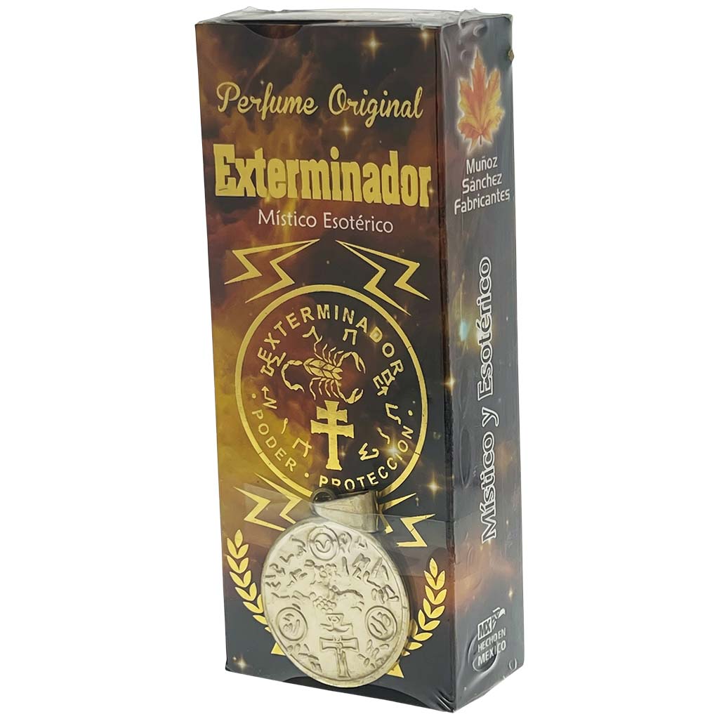 Box of 'Exterminador' perfume with decorative design and text.