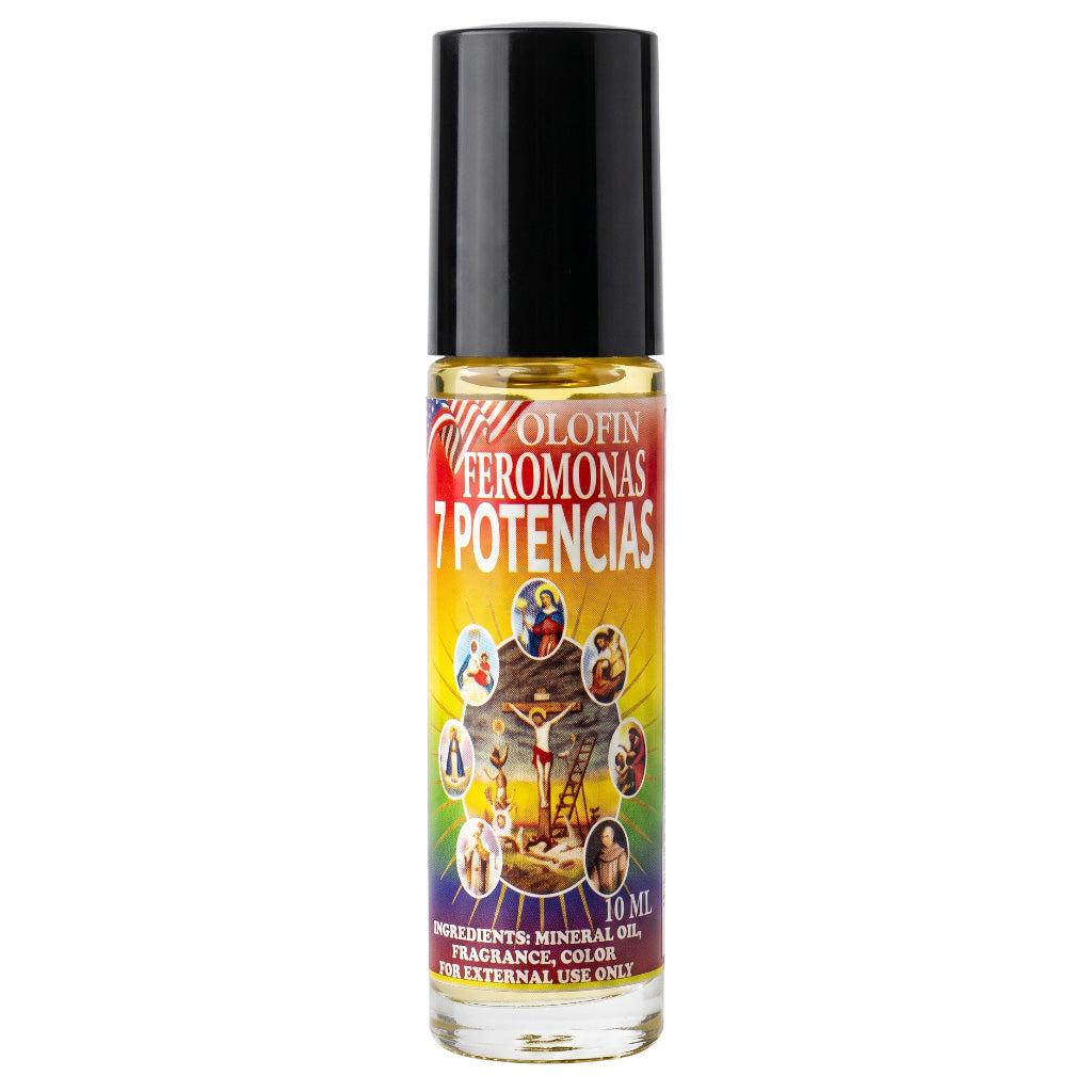 A 10 ml roll-on bottle of '7 Potencias' by 'Alofin' with a black cap and a colorful label featuring a cat and various icons, set against a plain white background.
