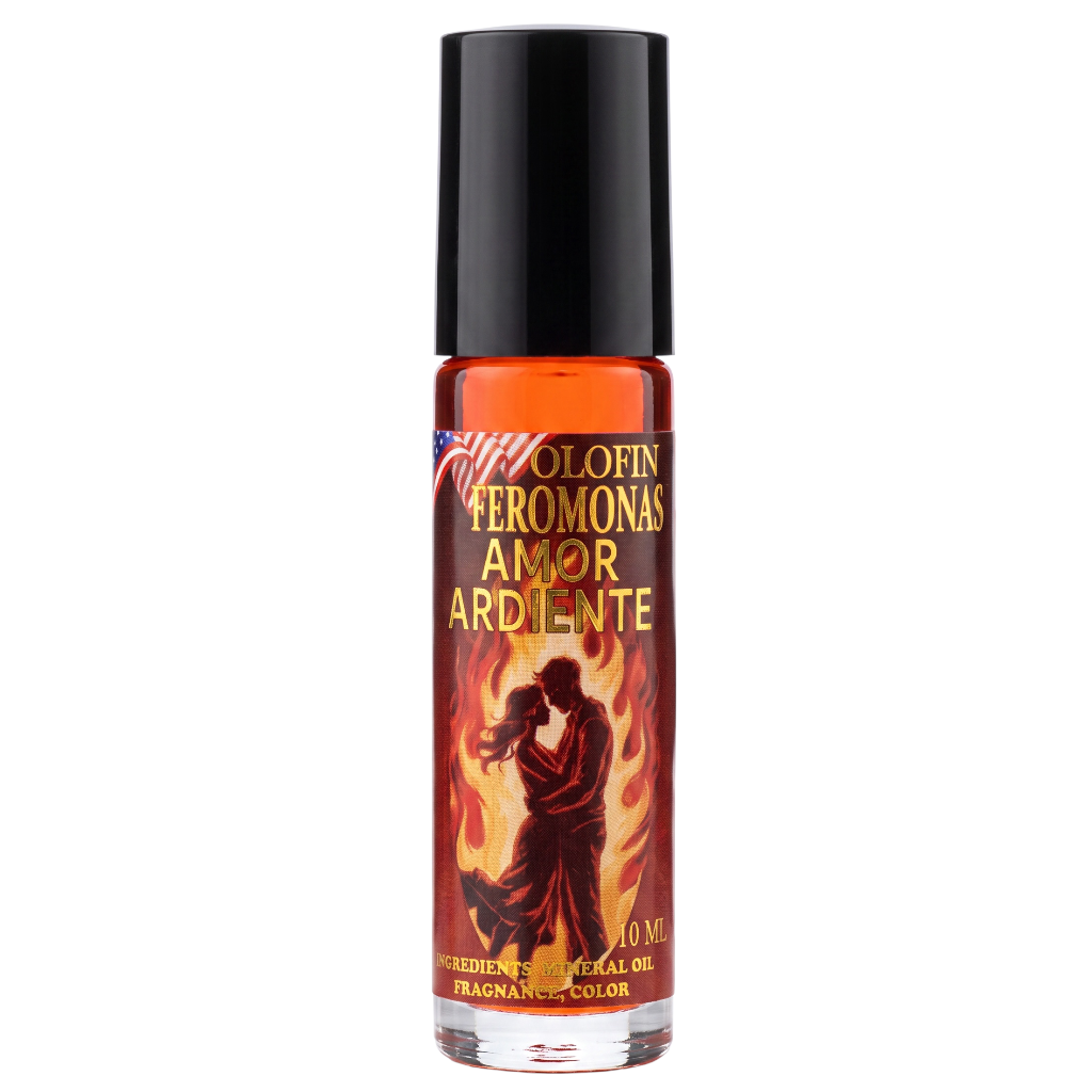 A 10 ml roll-on bottle of 'Amar Ardiente' cologne by Feromonas, featuring a black cap and a label with a fiery red, orange, and yellow design depicting a couple embracing.