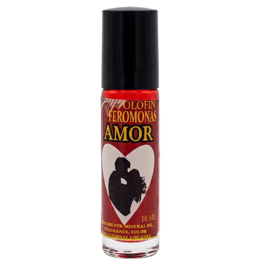A 10 ml bottle of Olofin Feromonas Amor (Love Pheromone) roll-on spray. The product features a black cap, a red label with a white heart and black silhouette, and red liquid visible at the top and bottom of the clear bottle.