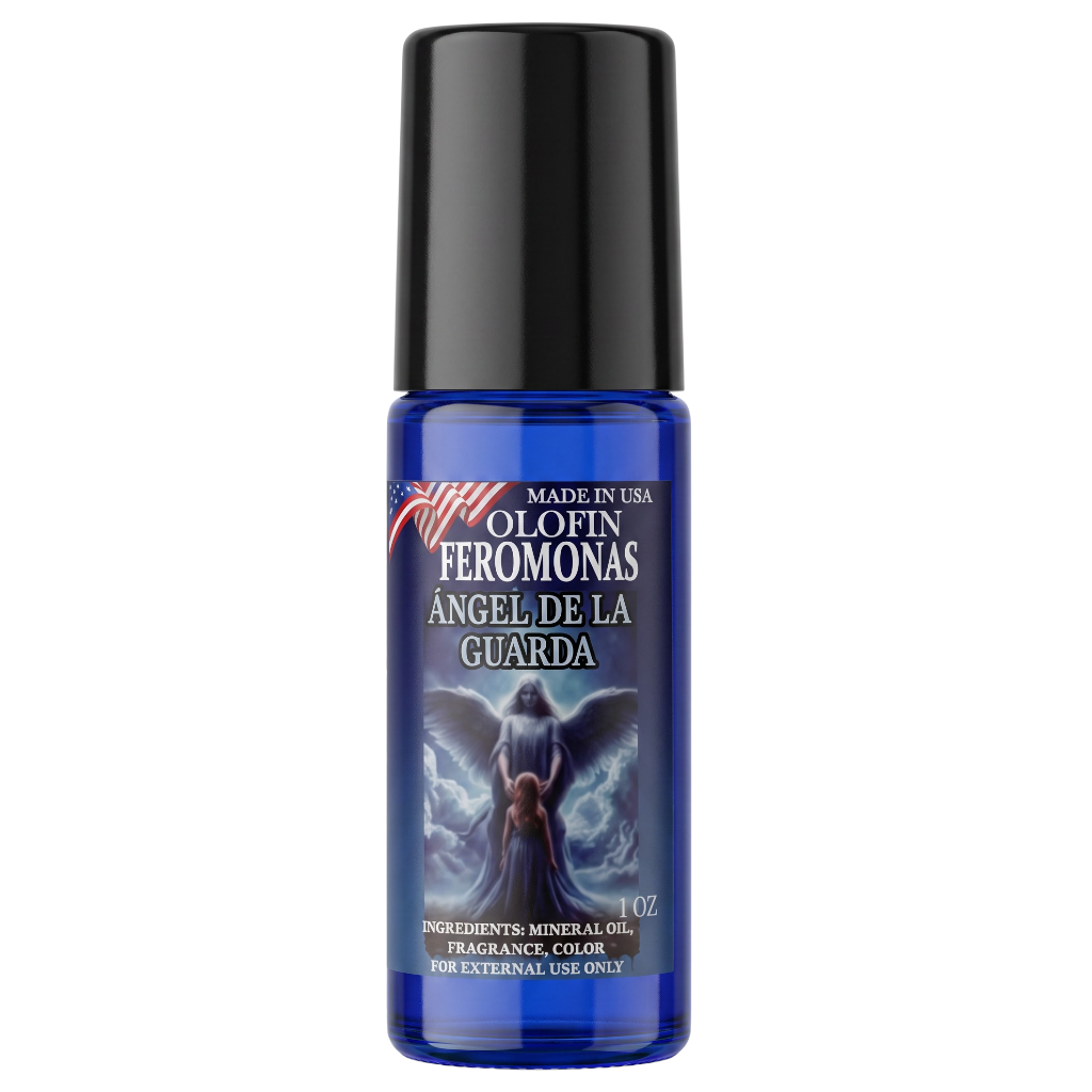 A blue cylindrical bottle of Olofin Feromonas (Angel of the Guard) fragrance oil with a black cap, shown on a plain white background.