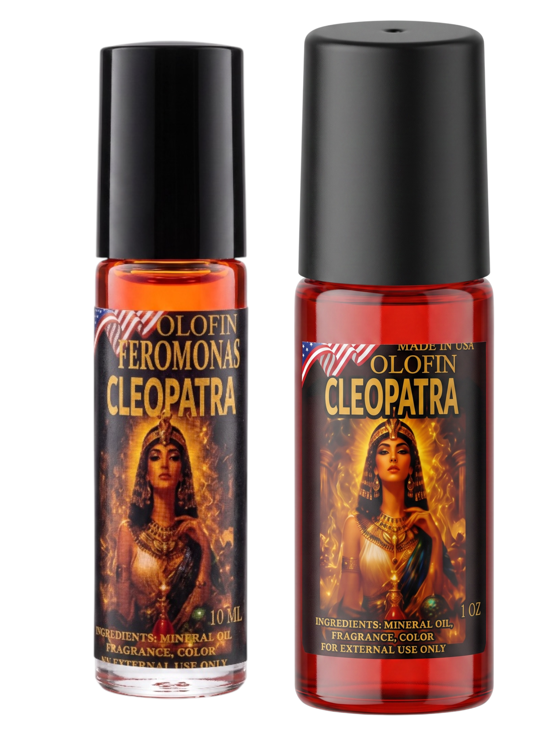 Two roll-on perfume bottles labeled 'Olofin Feromonas Cleopatra' with black caps and red liquid, shown on a white background.