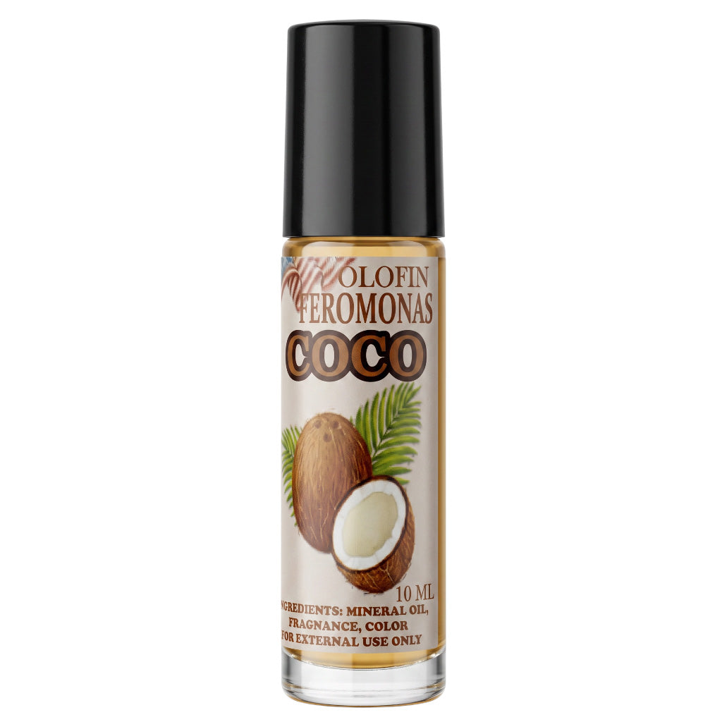 A 10 ml roll-on bottle of W3O Lofin Peromonas Coco fragrance and color oil, featuring a black cap and a label with a coconut illustration on a white background.