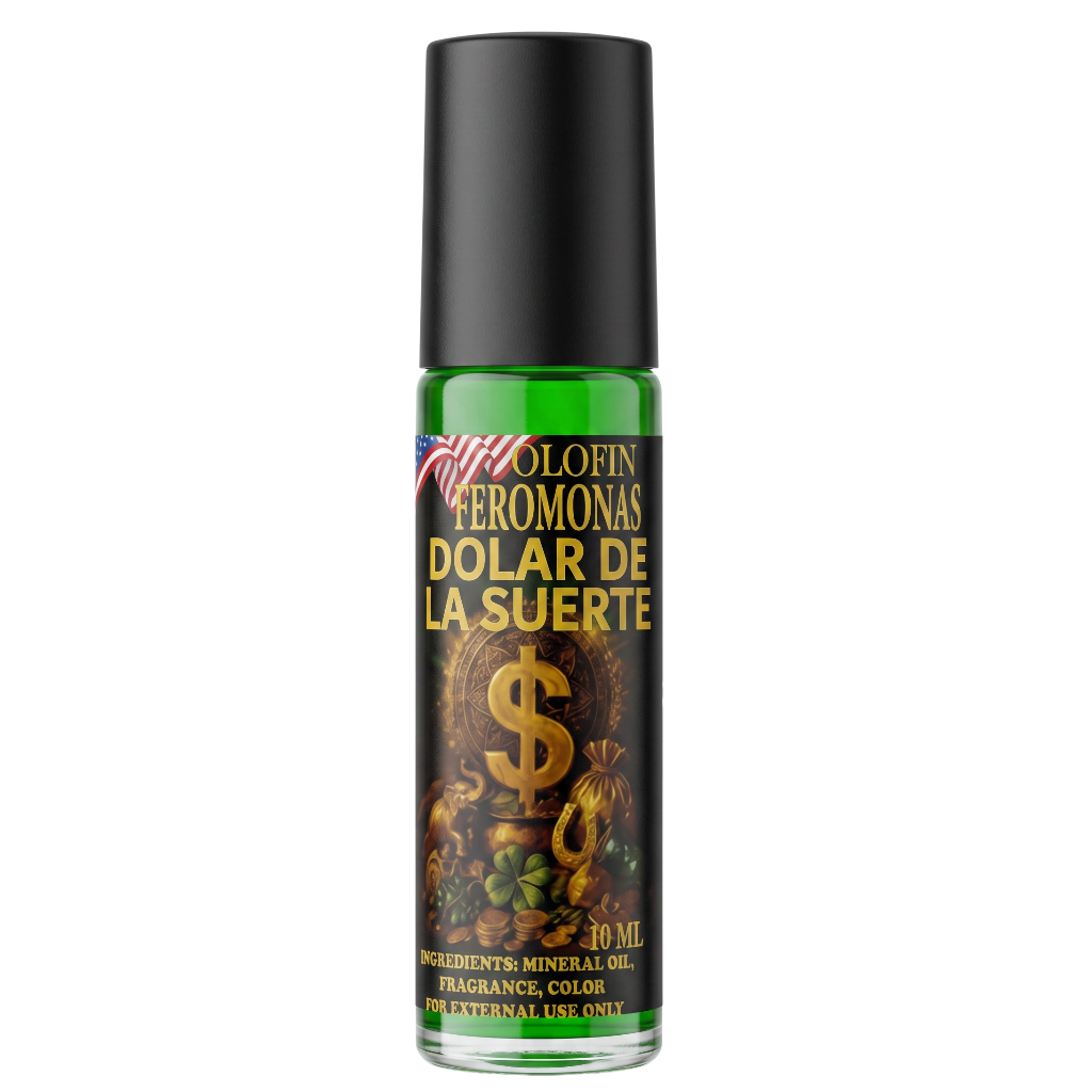 A 10 ml roll-on bottle of Colofin Feromonas 'Dollar de la Suerte' fragrance oil. The bottle has a black cap and a black label featuring gold text, a gold dollar sign, and green liquid visible at the top.
