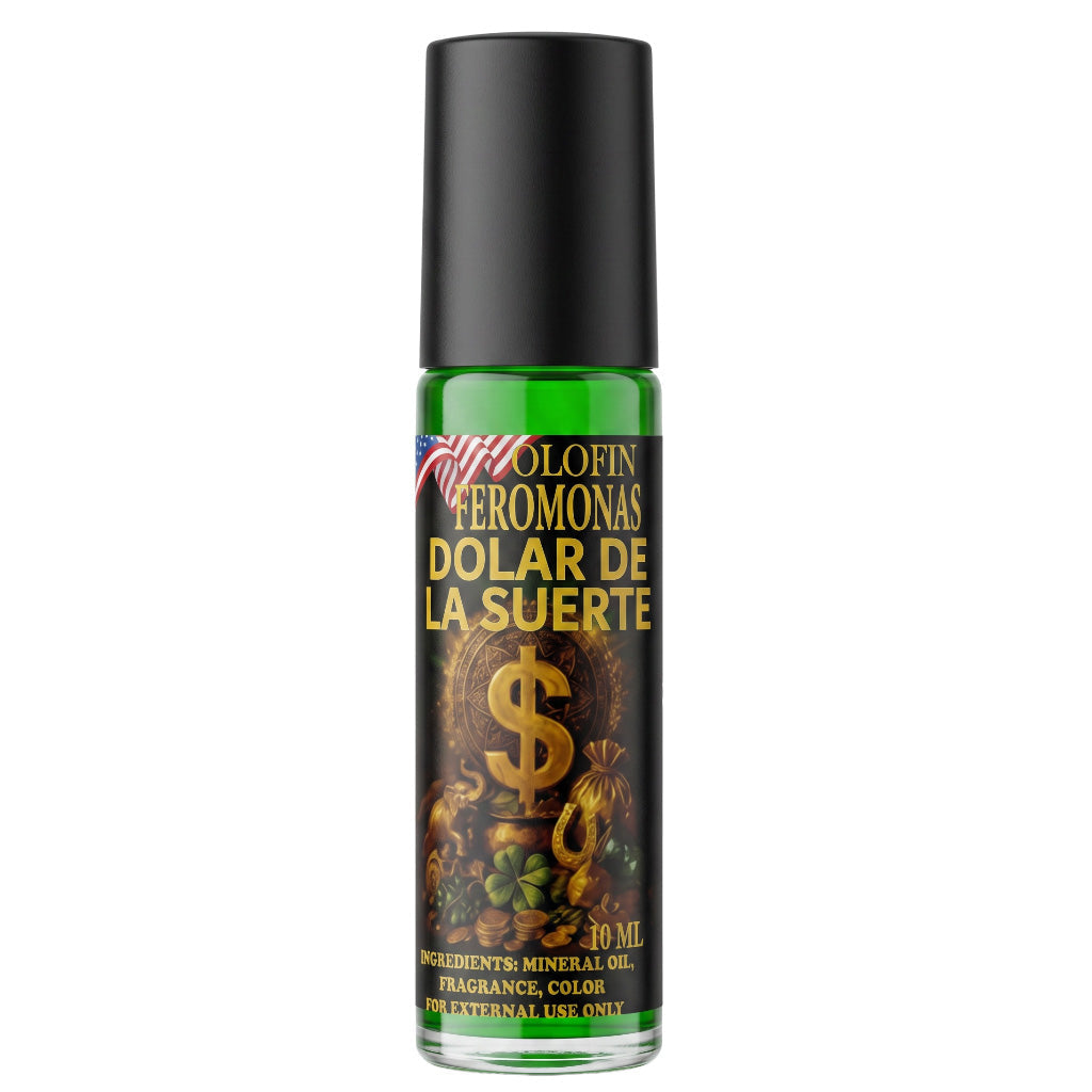 A 10 ml roll-on bottle of Colofin Feromonas 'Dollar de la Suerte' fragrance oil. The bottle has a black cap and a black label featuring gold text, a gold dollar sign, and green liquid visible at the top.