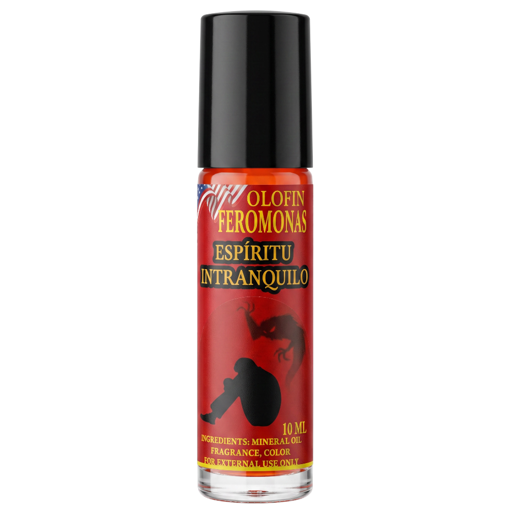 A 10 ml roll-on bottle of Olofin Feromonas Espíritu Intranquilo fragrance color, featuring a red label with gold and white text and black silhouettes, topped with a black cap.