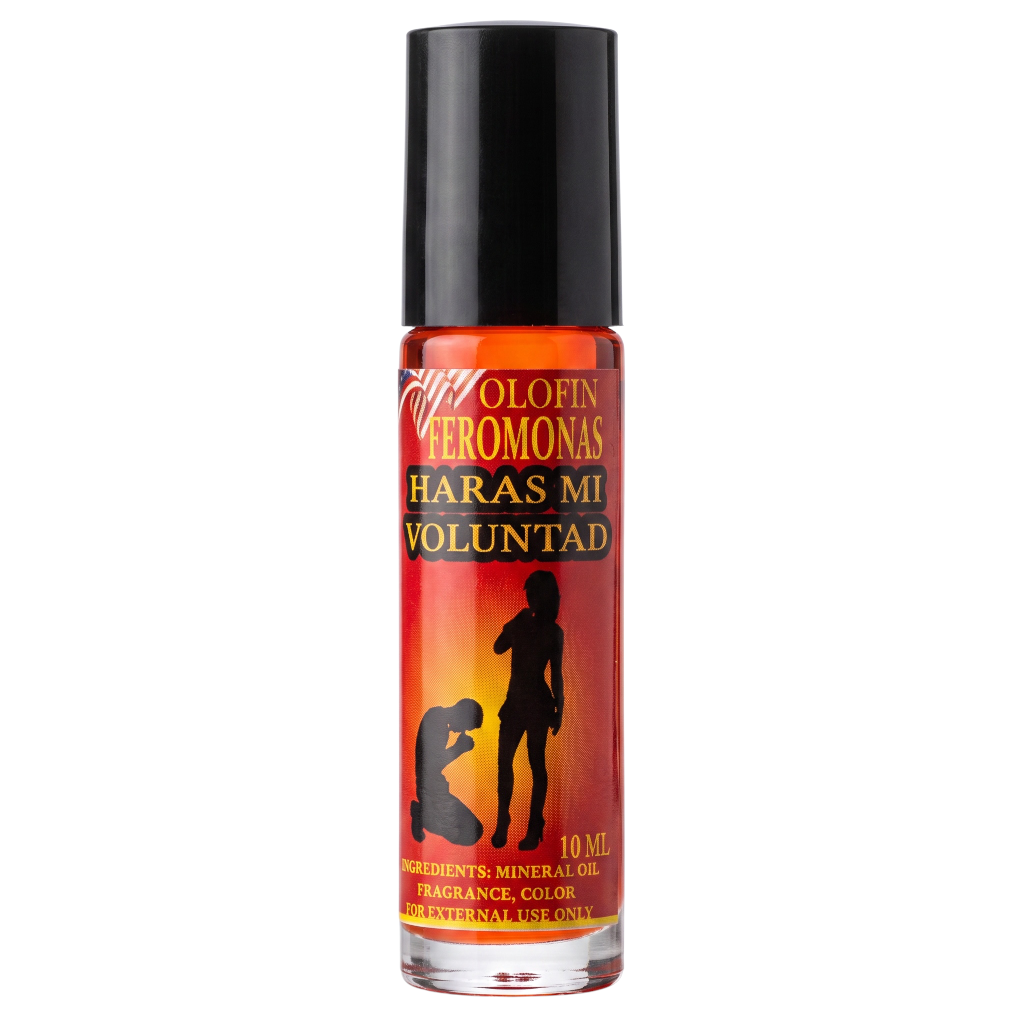 A 10 ml bottle of Colofin Feromonas Haras Mi Voluntad fragrance color, featuring a black cap and a red and orange gradient label with black silhouettes, on a white background.