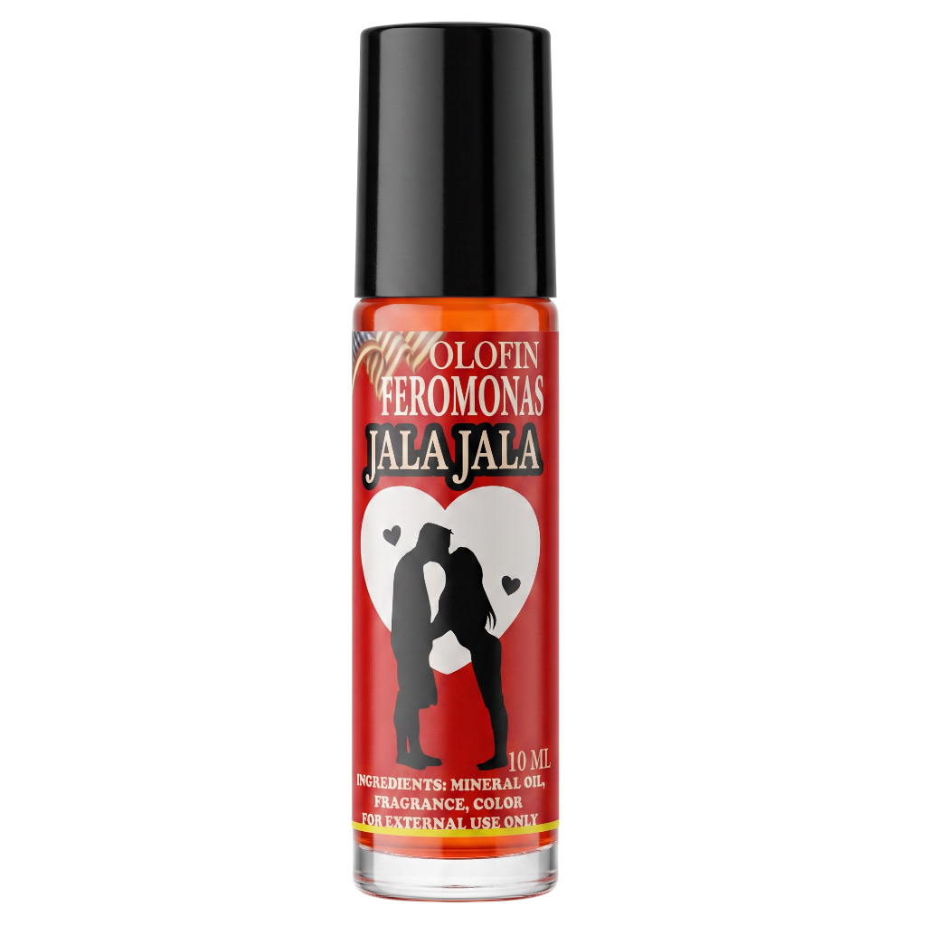 A 10 mL bottle of Jala Jala Olofin Heromonas Fragrance Color by Jala Jala, featuring a red label with a black cap and a white heart graphic.
