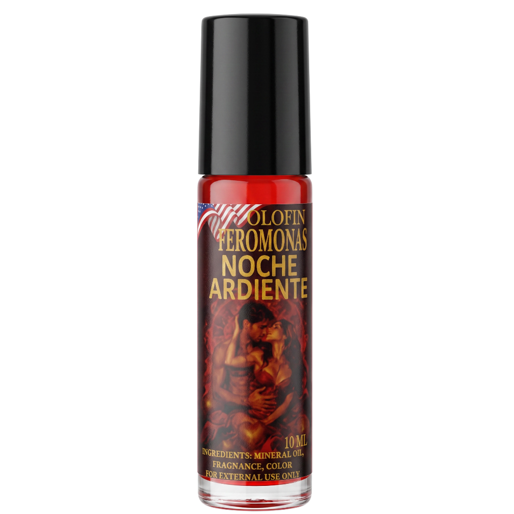 A 10ml roll-on bottle of Alofin Feromonas 'Noche Ardiente' fragrance, featuring a black cap and a red label with a fiery graphic and gold lettering, set against a plain white background.