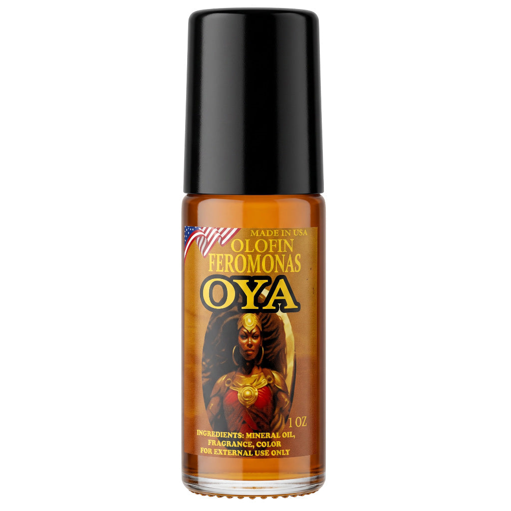 A bottle of OYA Olofin Feromonas external use mineral oil, featuring a black cap and a brown amber bottle with a detailed label showing a warrior graphic.