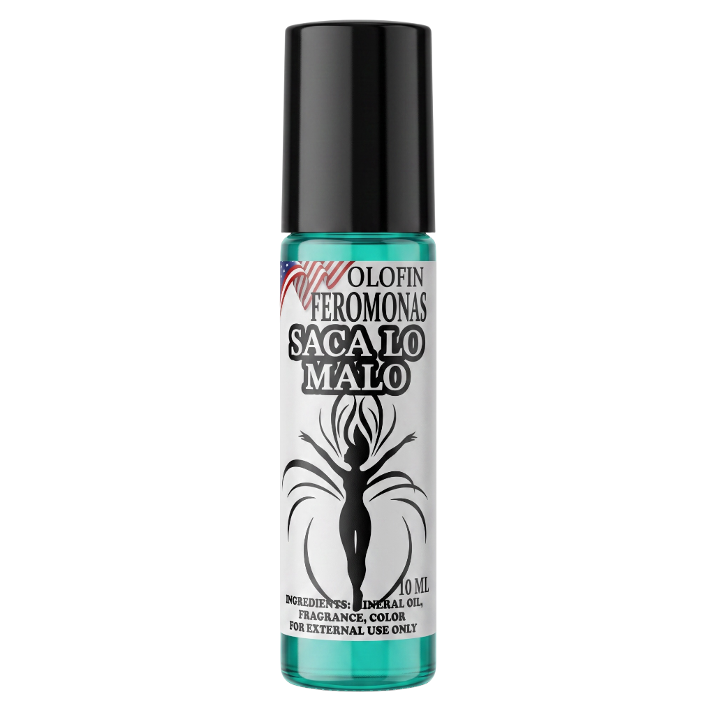 A 10 ml roll-on bottle of sexual arousal enhancer spray. The bottle has a black cap, a white label with a black graphic of a woman's silhouette and Spanish text 'SACALO MALO', and a translucent teal-green base.