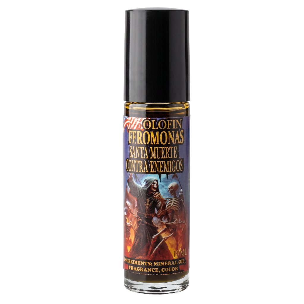 A glass bottle of Colofin Efromonas 'Santa Muerte' fragrance oil with a black cap, featuring a label with a dark illustration of a hooded figure and skeleton on a fiery background.