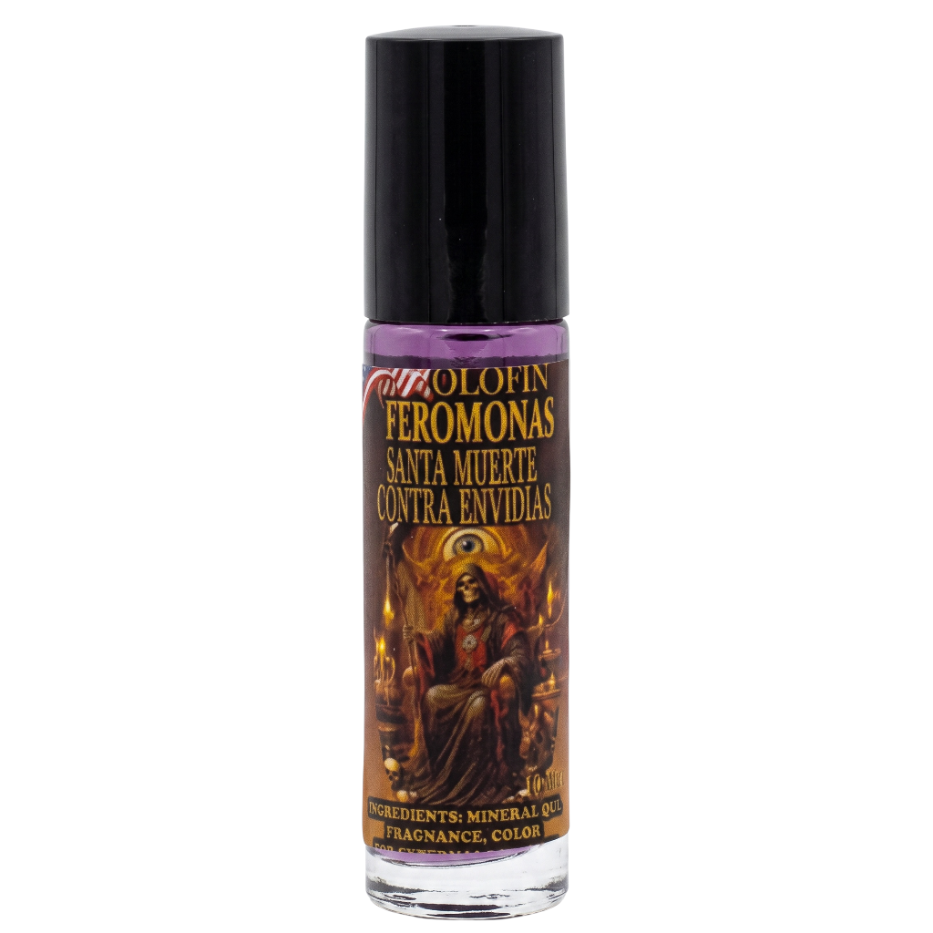 A roll-on bottle of Colofin Feromonas 'Santa Muerte' fragrance oil, featuring a black cap and a label with a dark illustration of Santa Muerte and purple liquid visible at the top.